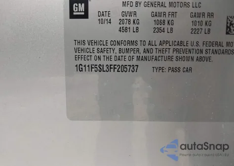 2015 Chevrolet Malibu 1Lz из США, поврежденный, VIN 1G11F5SL3FF205737